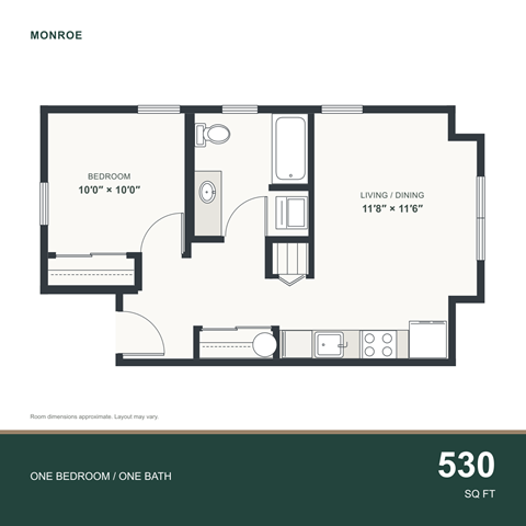 Floor plan for 1 bed, 1 bath, 530 sqft
